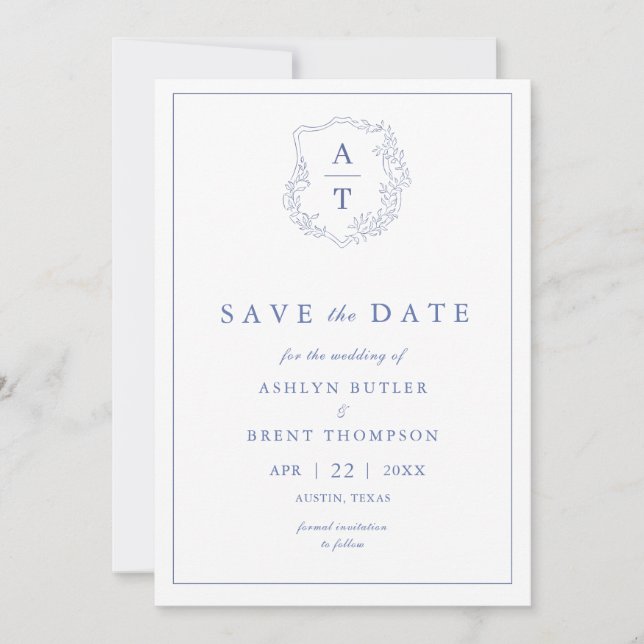 Invitación Boda en monograma azul Guardar la fecha (Anverso)