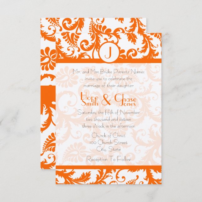 Invitación Boda en Monograma de Damask naranjaRSVP (Anverso / Reverso)