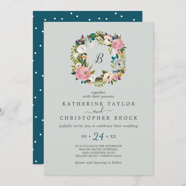 Invitación Boda en monograma de la guirnalda floral pintada (Anverso / Reverso)