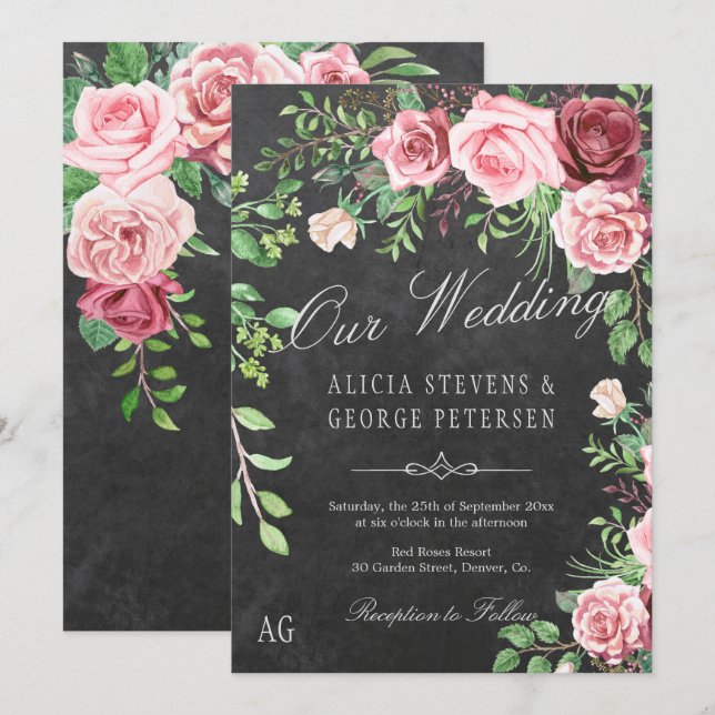 Invitación Boda en monograma de los Rosas rusos de Borgoña y  (Anverso / Reverso)