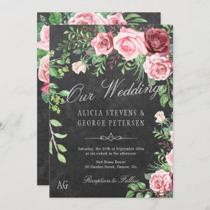 Invitación Boda en monograma de los Rosas rusos de Borgoña y 