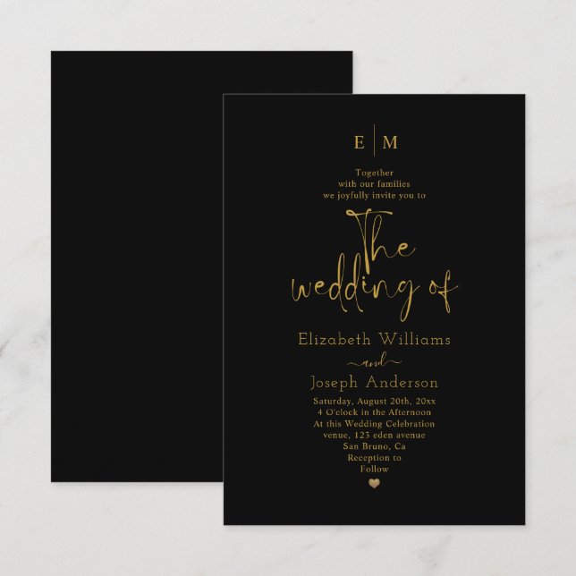 Invitación Boda en monograma de oro y caligrafía negra modern (Anverso / Reverso)
