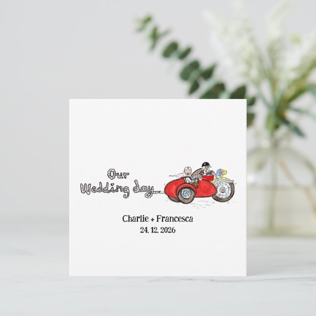 Invitación Boda en moto y sidecar (Anverso de pie)