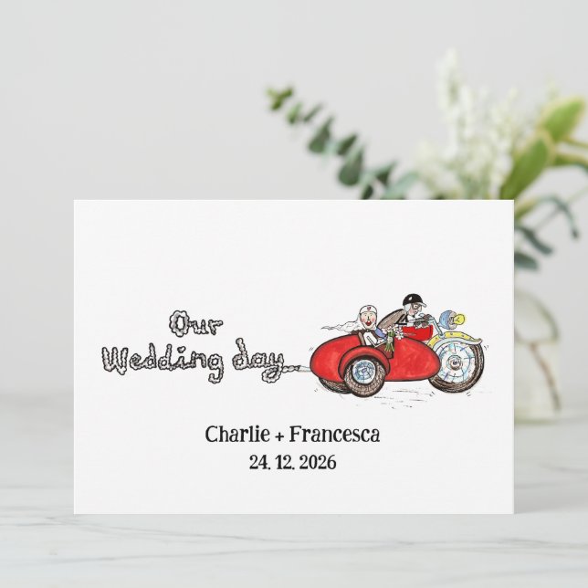 Invitación Boda en moto y sidecar (Anverso de pie)