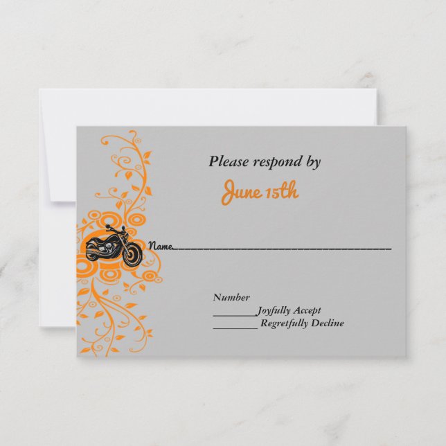 Invitación Boda en Motocicleta Gris, Naranja, Negro RSVP (Anverso)