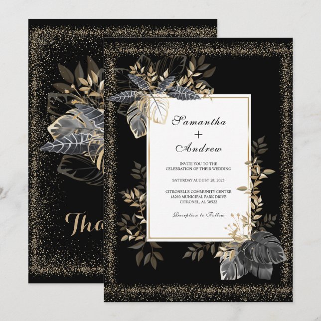 Invitación Boda en negro blanco y oro (Anverso / Reverso)