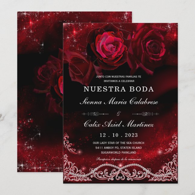 Invitación Boda en Negro, Rojo y Blanco (Anverso / Reverso)