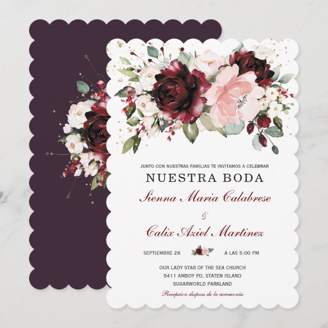 Invitación Boda en oro burdeos y rosa rubor (Anverso / Reverso)
