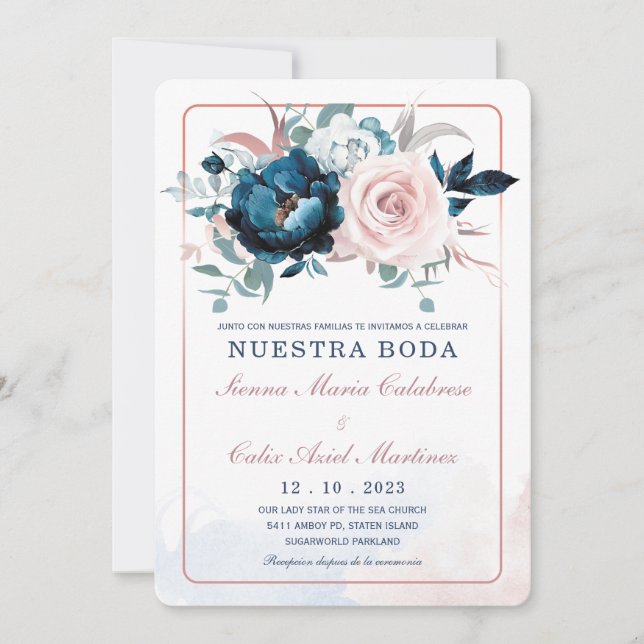 Invitación Boda en oro rosa y azul marino (Anverso)