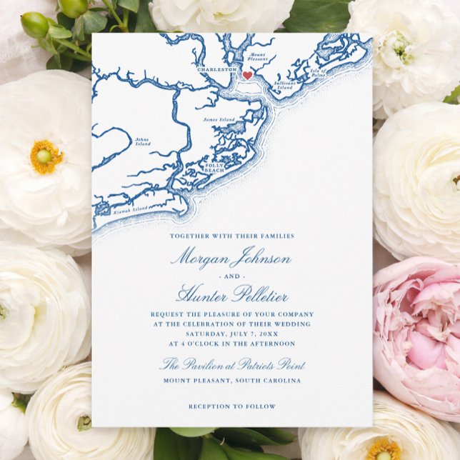 Invitación Boda en Pavilion at Patriots Point Mount Pleasant  (The Pavilion at Patriots Point Wedding Invitation | Mount Pleasant SC Map in Navy Blue )