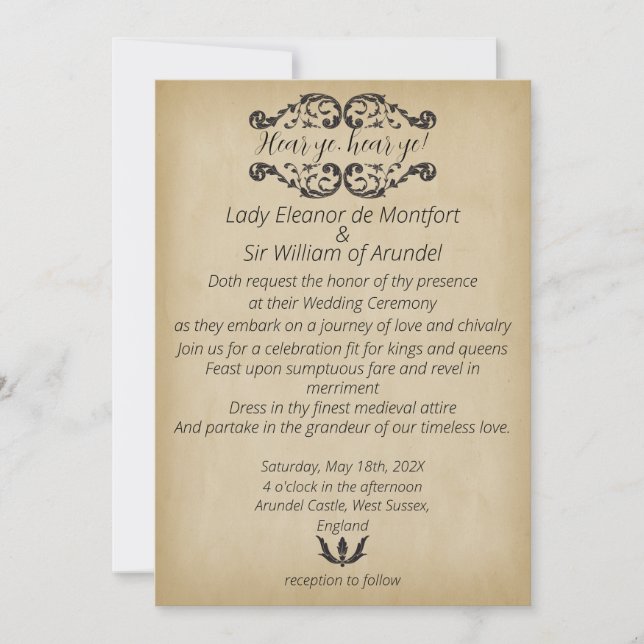 Invitación Boda en Pergamino Falso de Alegría Medieval (Anverso)