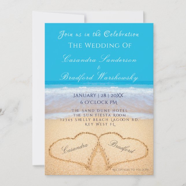 Invitación Boda en Playa 2 Corazones Boda de arena Ocean Blue (Anverso)