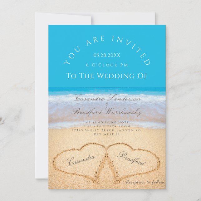 Invitación Boda en Playa 2 Corazones Boda de arena Ocean Blue (Anverso)