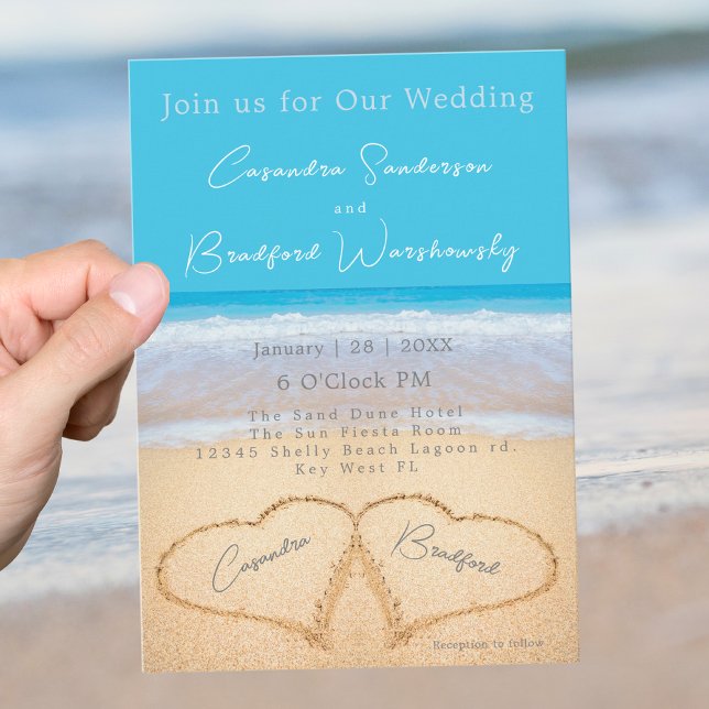 Invitación Boda en Playa 2 Corazones Boda de arena Ocean Blue (Subido por el creador)