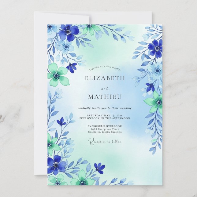 Invitación Boda en pradera aireada de azul real (Anverso)