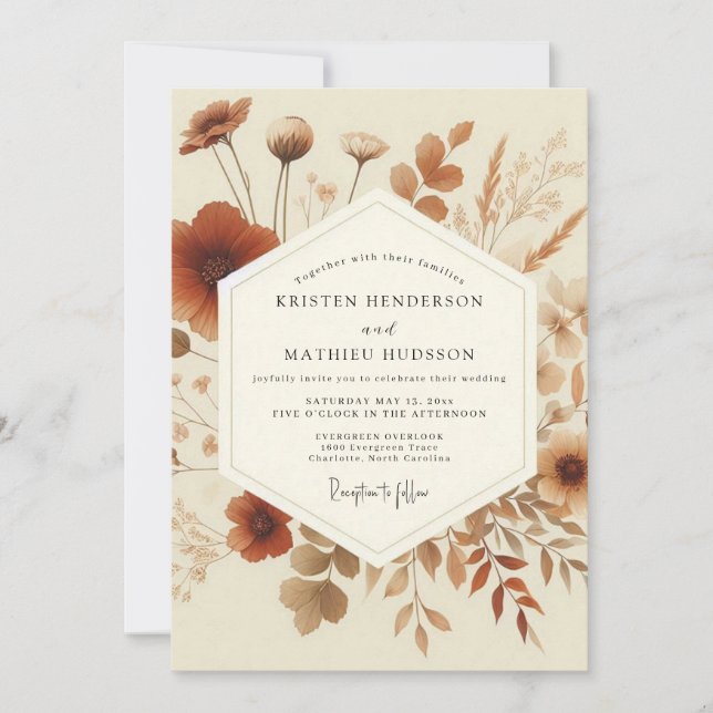 Invitación Boda en pradera boho de terracota (Anverso)