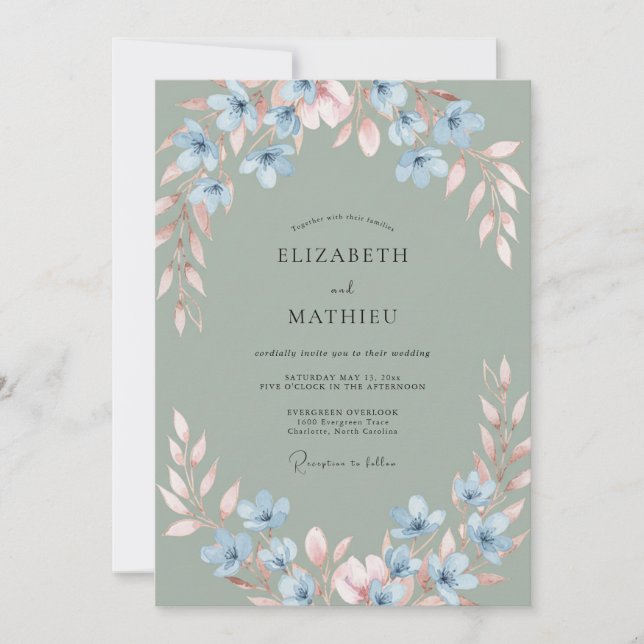 Invitación Boda en pradera brumosa de verde salvia (Anverso)