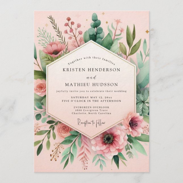 Invitación Boda en pradera con acuarela rosada (Anverso)