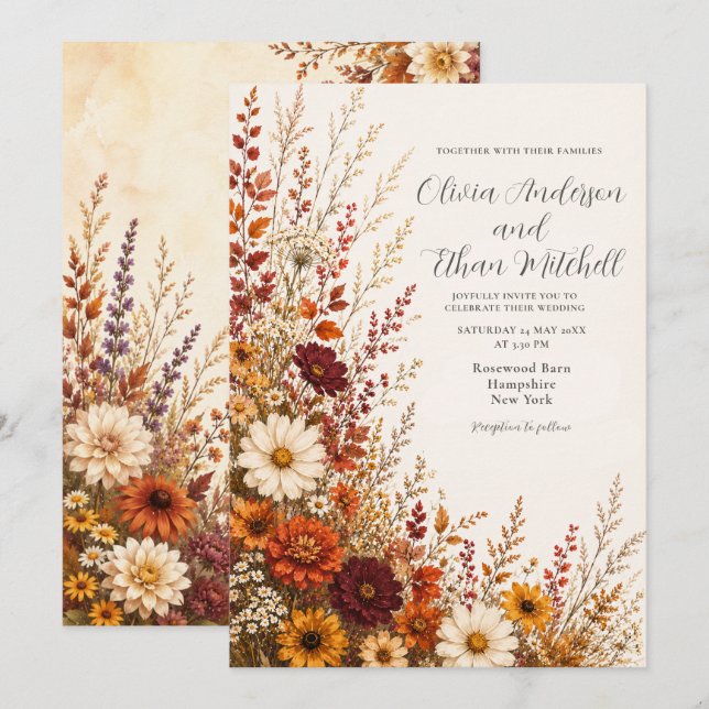 Invitación Boda en pradera de flores silvestres de otoño (Anverso / Reverso)