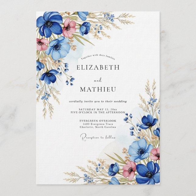 Invitación Boda en pradera floral azul (Anverso)