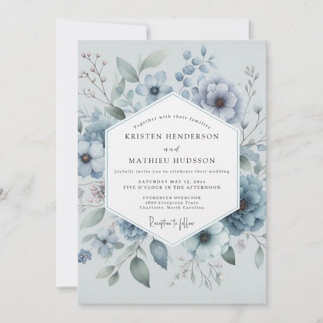 Invitación Boda en pradera floral azul (Anverso)