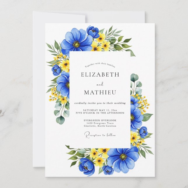 Invitación Boda en pradera floral azul real (Anverso)