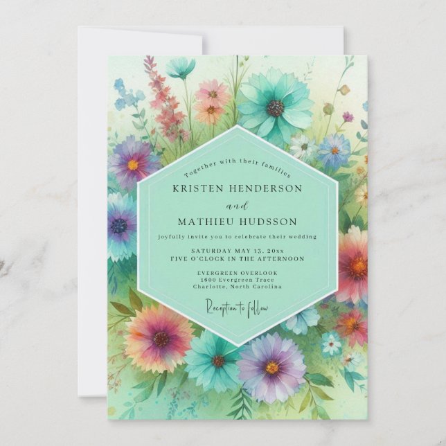 Invitación Boda en pradera floral turquesa (Anverso)