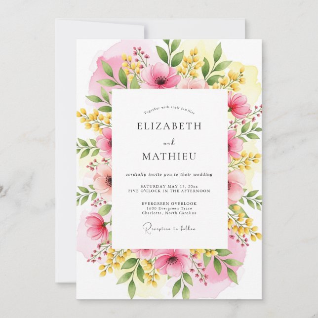 Invitación Boda en pradera vivaz de amarillo fucsia (Anverso)