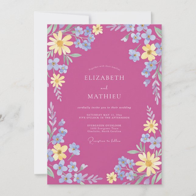 Invitación Boda en pradera vívida fucsia (Anverso)
