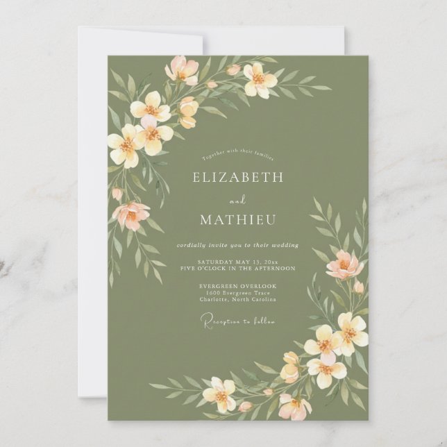Invitación Boda en prado de flora melocotón verde salvia (Anverso)