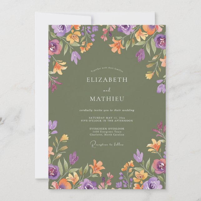 Invitación Boda en prado sombrío de verde oliva (Anverso)