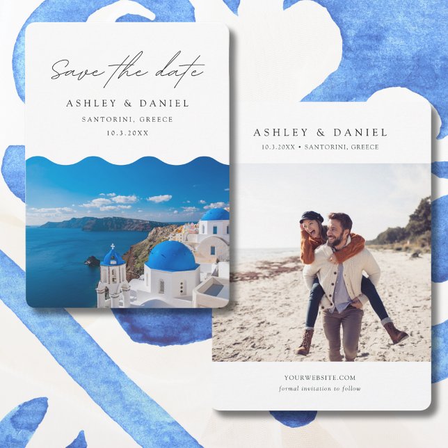 Invitación Boda en Santorini Grecia Salva la Fecha (Santorini Save the Date with a photo of the ocean and an engagement photo)