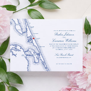 Invitación Boda en Sea Ranch Resort Outer Banks Mapa Azul Mar