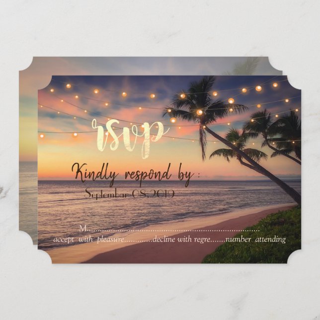 Invitación Boda en Sunset Beach, Palmeras, Luces  RSVP (Anverso / Reverso)