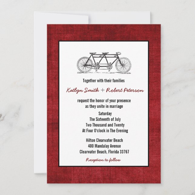 Invitación Boda en tándem retra de la bicicleta de Borgoña (Anverso)