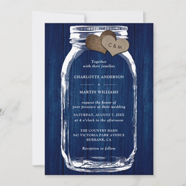Invitación Boda en tarro de mason de madera rústica azul mari (Anverso)