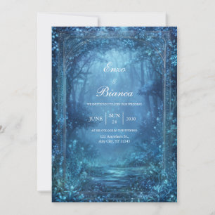 Invitación Boda en un bosque mágico azul etéreo y brillante