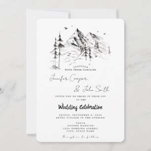 Invitación Boda en un destino de bosque y montaña dibujado a 