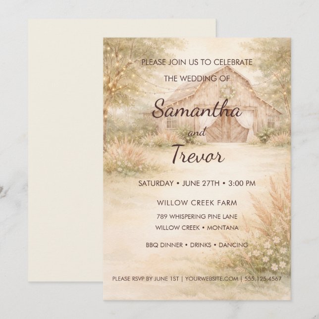 Invitación Boda en un elegante granero de madera con luces ce (Anverso / Reverso)