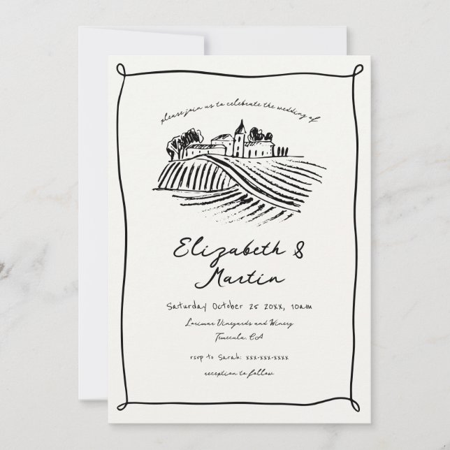 Invitación Boda en viñedo de moda en blanco y negro dibujada  (Anverso)
