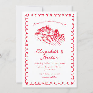 Invitación Boda en viñedo funky dibujado a mano rojo