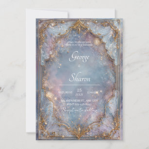 Invitación Boda Encantada Celeste con Brillo Dorado