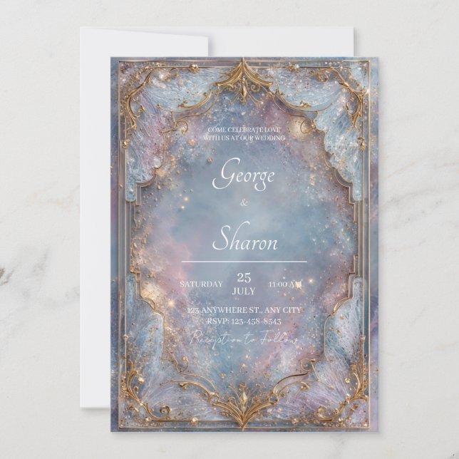 Invitación Boda Encantada Celeste con Brillo Dorado (Anverso)