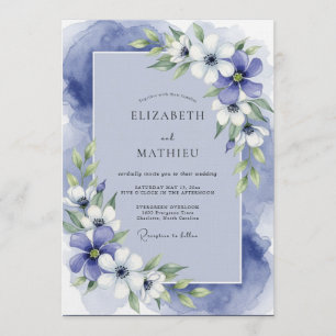 Invitación Boda Encantada con Flores de Acuarela Azul