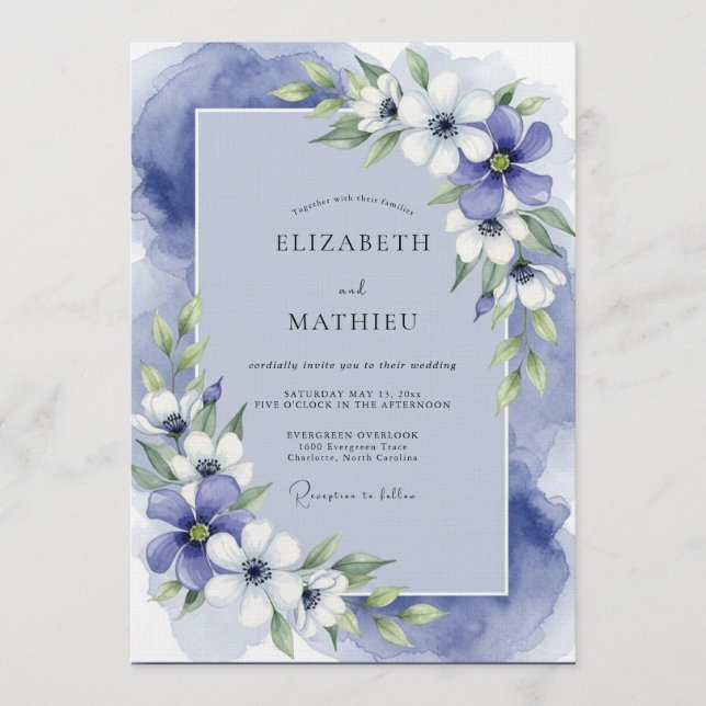 Invitación Boda Encantada con Flores de Acuarela Azul (Anverso)