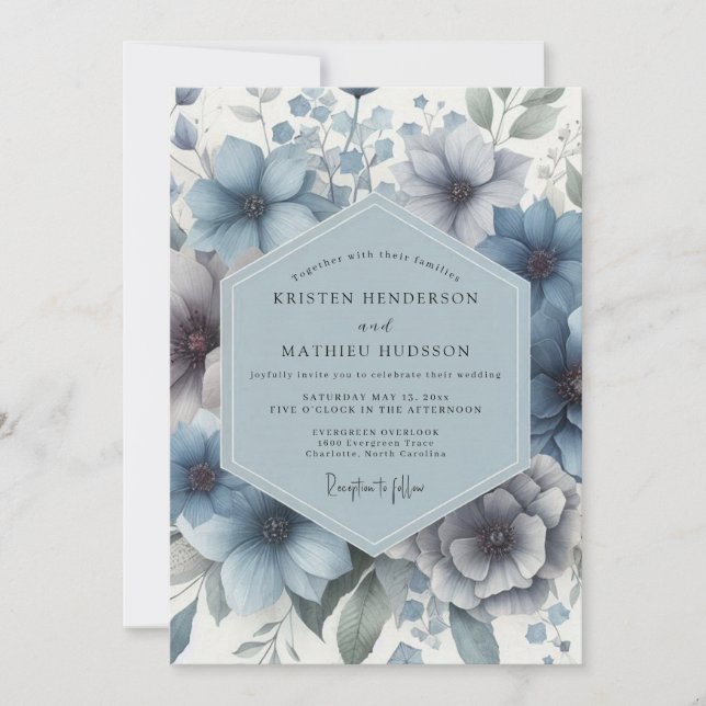Invitación Boda Encantada de Azul Polvoriento Floral (Anverso)