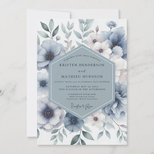 Invitación Boda Encantada de Flor de Azul Polvoriento (Anverso)