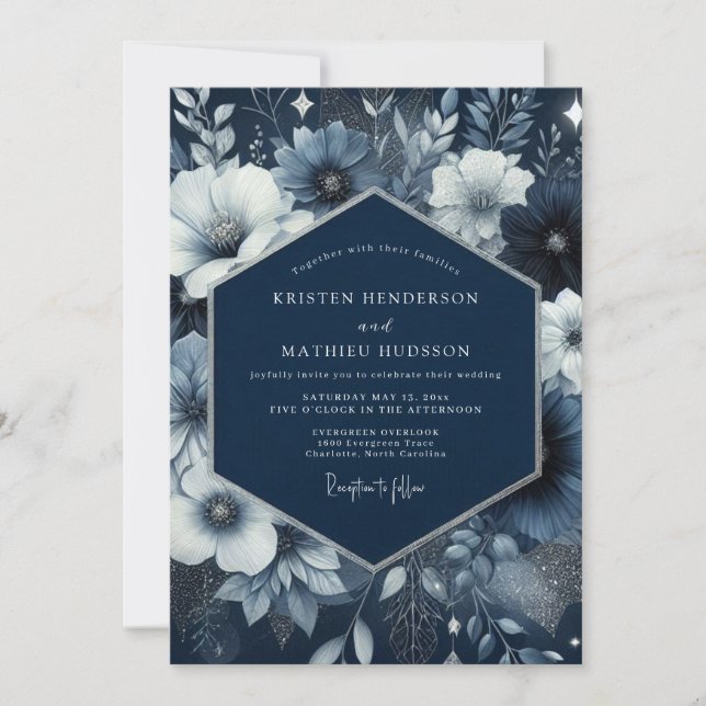 Invitación Boda Encantada de Floral Azul Marino (Anverso)
