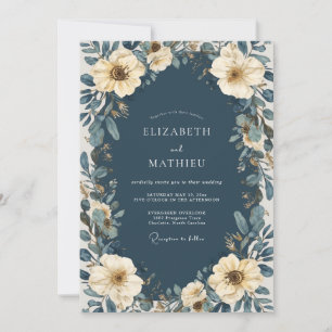 Invitación Boda Encantada de Floral Azul Marino