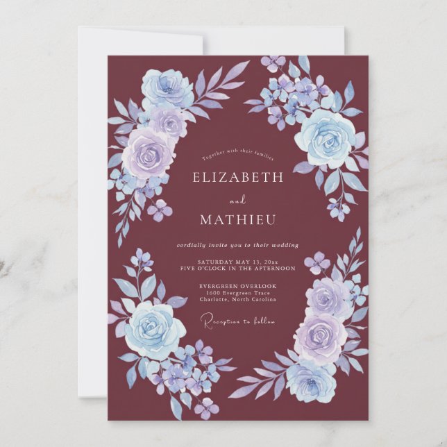 Invitación Boda Encantada de Lavanda Borgoña (Anverso)